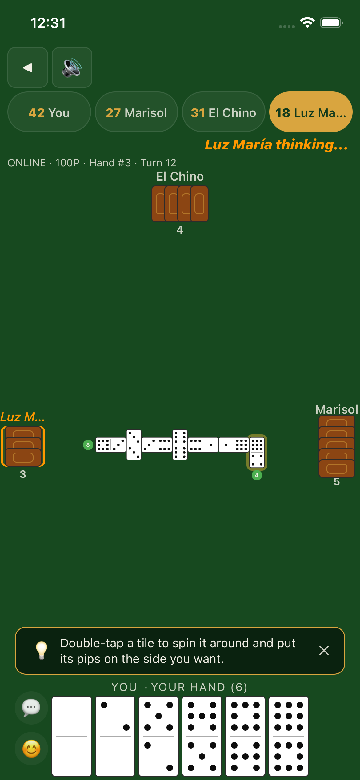 IQ Dominoes in a four-player online game, showing player scores, the active turn, the domino chain, opponents, and your hand.